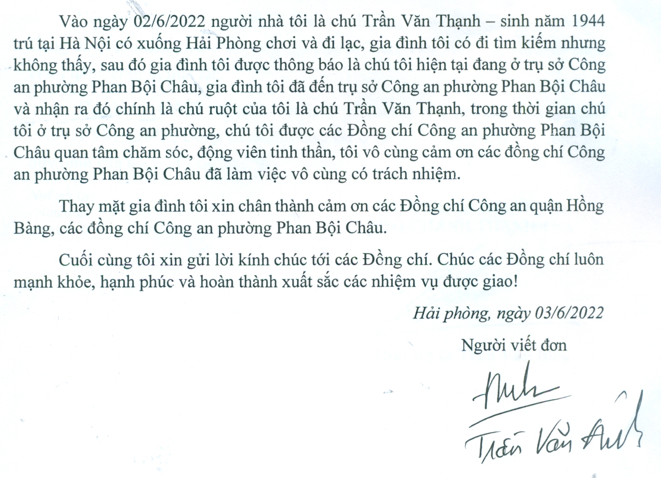 Người dân gửi thư cảm ơn Công an phường Phan Bội Châu (quận Hồng Bàng)